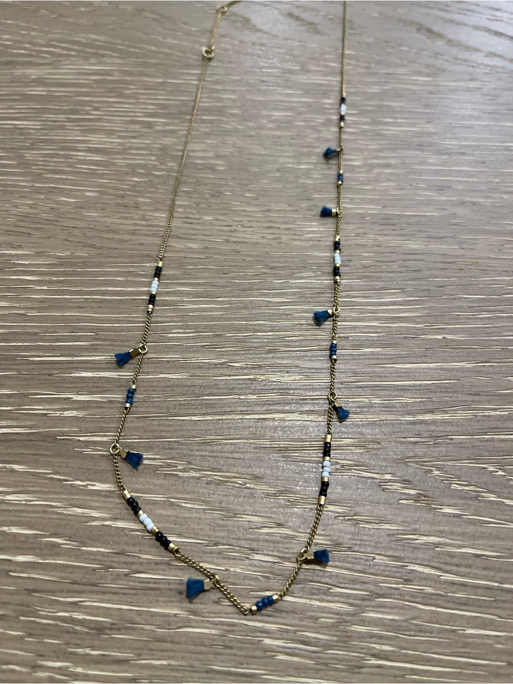 Madewell Gold Chain Necklace with Blue Tassels and Black-White Beads